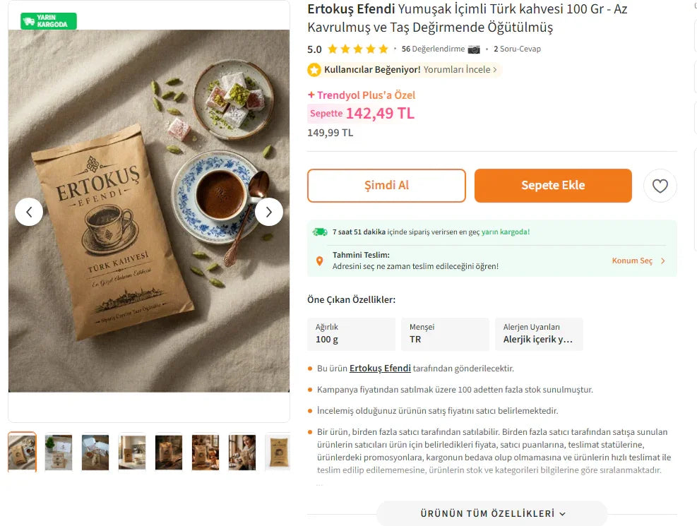 Ertokuş Efendi Türk kahvesi, kahve fincanı ve lokma ile servis edilmiş, taş değirmenle öğütülmüş