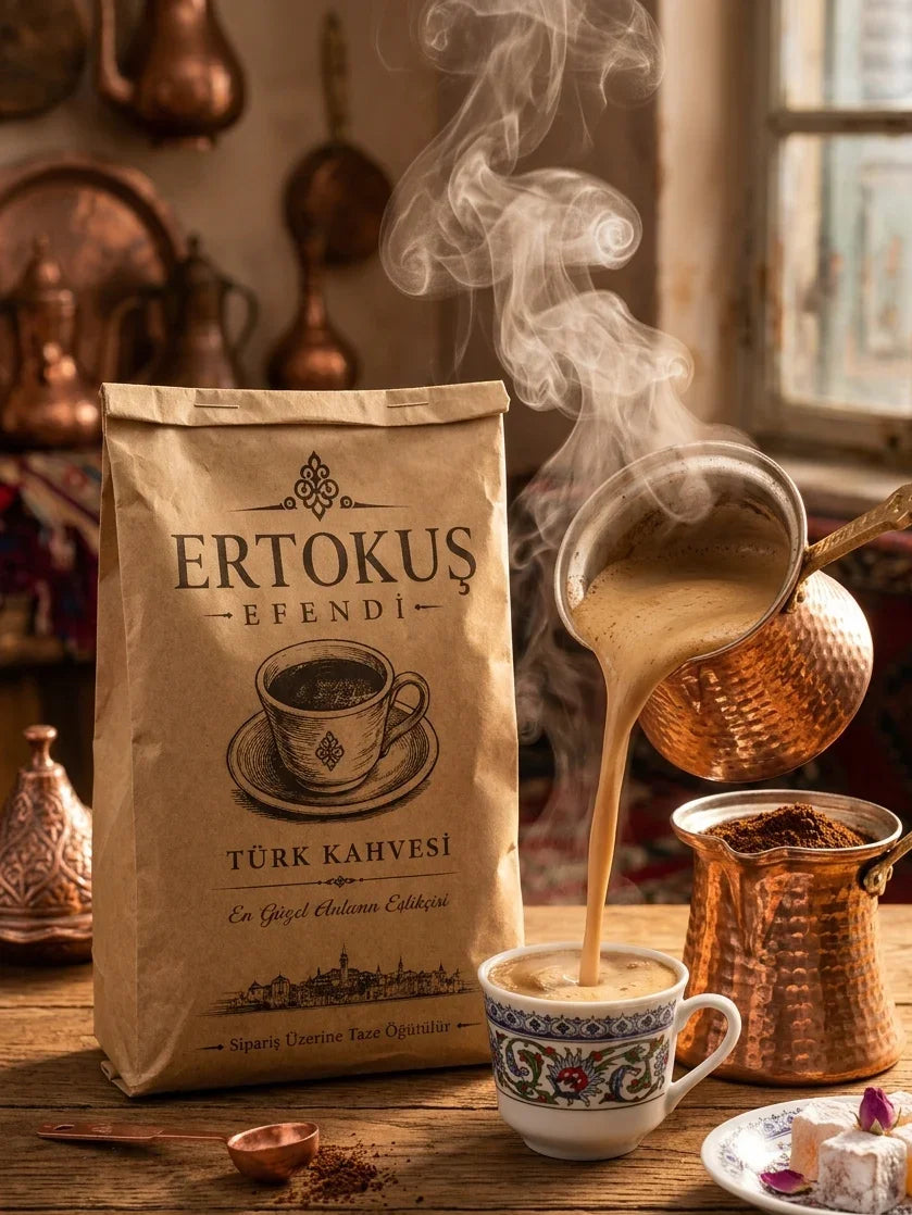 Ertokuş Efendi taze kavrulmuş Türk kahvesi paketi ve fincan