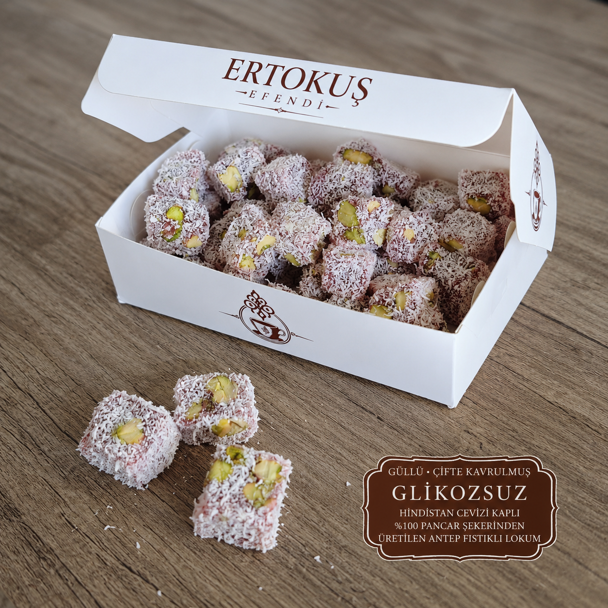 Güllü Duble Antep Fıstıklı Lokum 250gr | Çifte Kavrulmuş | %100 Pancar Şekeri