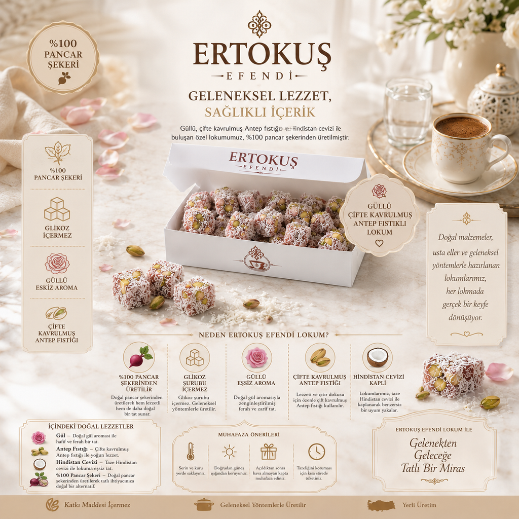 Güllü Duble Antep Fıstıklı Lokum 250gr | Çifte Kavrulmuş | %100 Pancar Şekeri