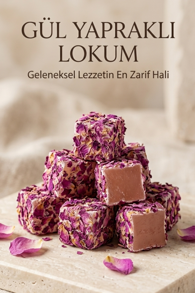 Doğal Gül Yapraklı Çifte Kavrulmuş Lokum (%100 Pancar Şekeri)