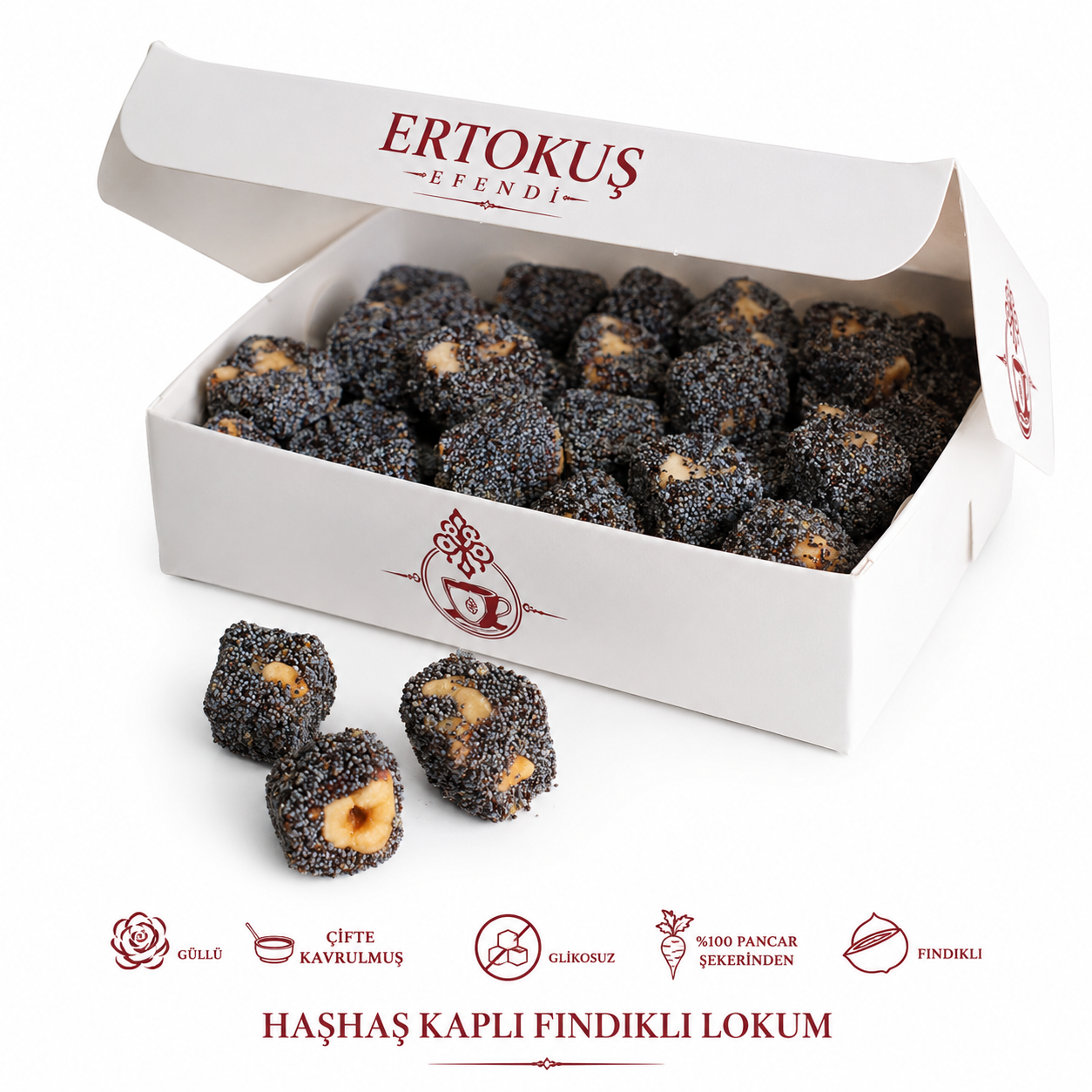 Haşhaş Kaplı Duble Fındıklı Güllü Lokum 250gr | Çifte Kavrulmuş | %100 Pancar Şekeri
