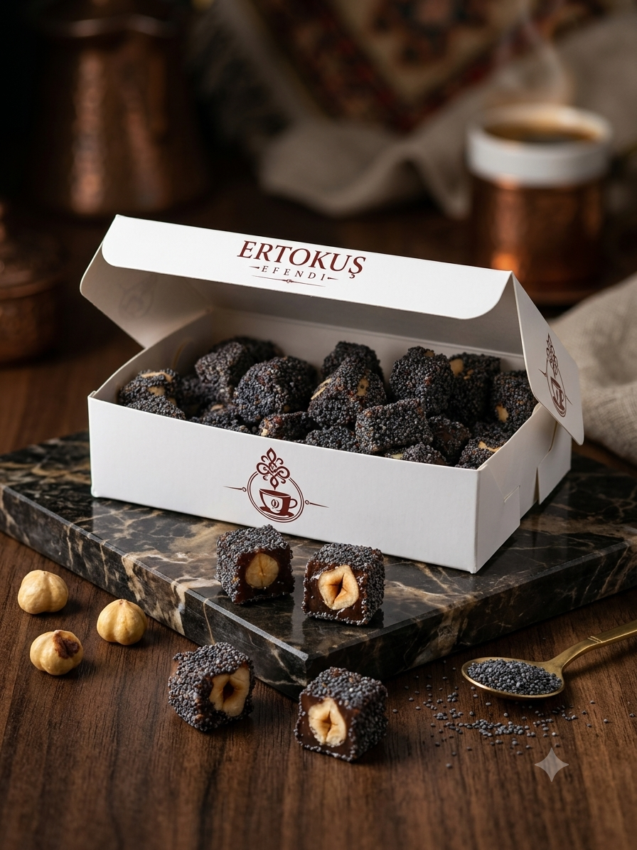 Haşhaş Kaplı Duble Fındıklı Güllü Lokum 250gr | Çifte Kavrulmuş | %100 Pancar Şekeri