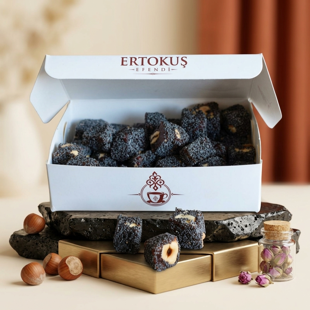 Haşhaş Kaplı Duble Fındıklı Güllü Lokum 250gr | Çifte Kavrulmuş | %100 Pancar Şekeri