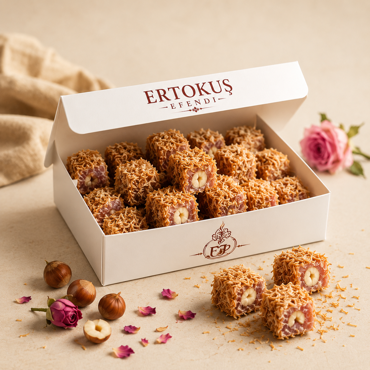 Kadayıf Kaplı Güllü Duble Fındıklı Lokum 250gr | Çifte Kavrulmuş | %100 Pancar Şekeri