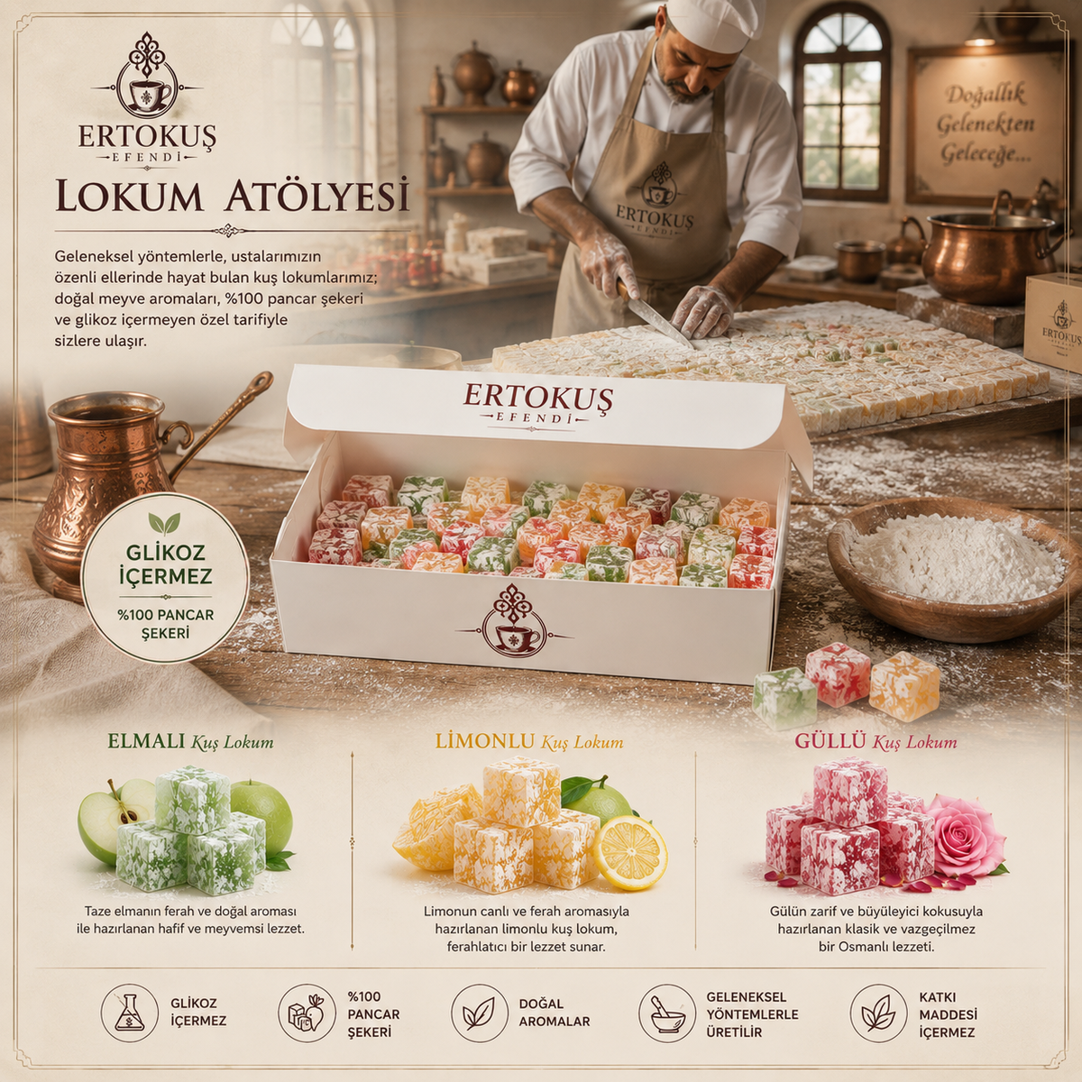 Karışık Kuş Lokumu 250 gr | Elmalı, Limonlu, Güllü | Çifte Kavrulmuş | %100 Pancar Şekeri