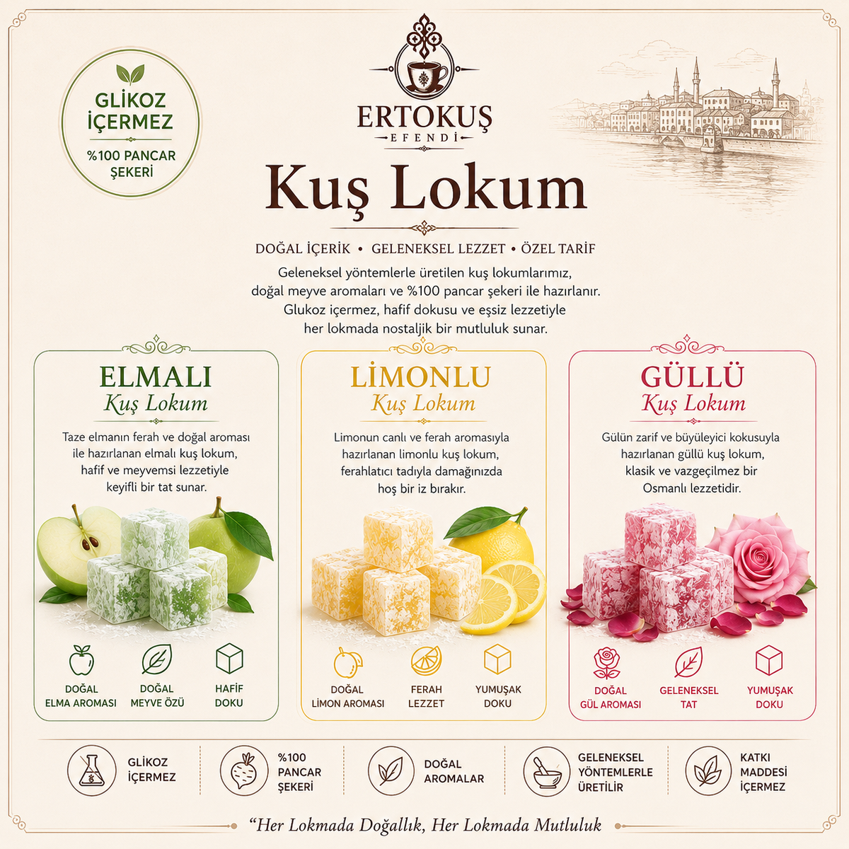 Karışık Kuş Lokumu 250 gr | Elmalı, Limonlu, Güllü | Çifte Kavrulmuş | %100 Pancar Şekeri