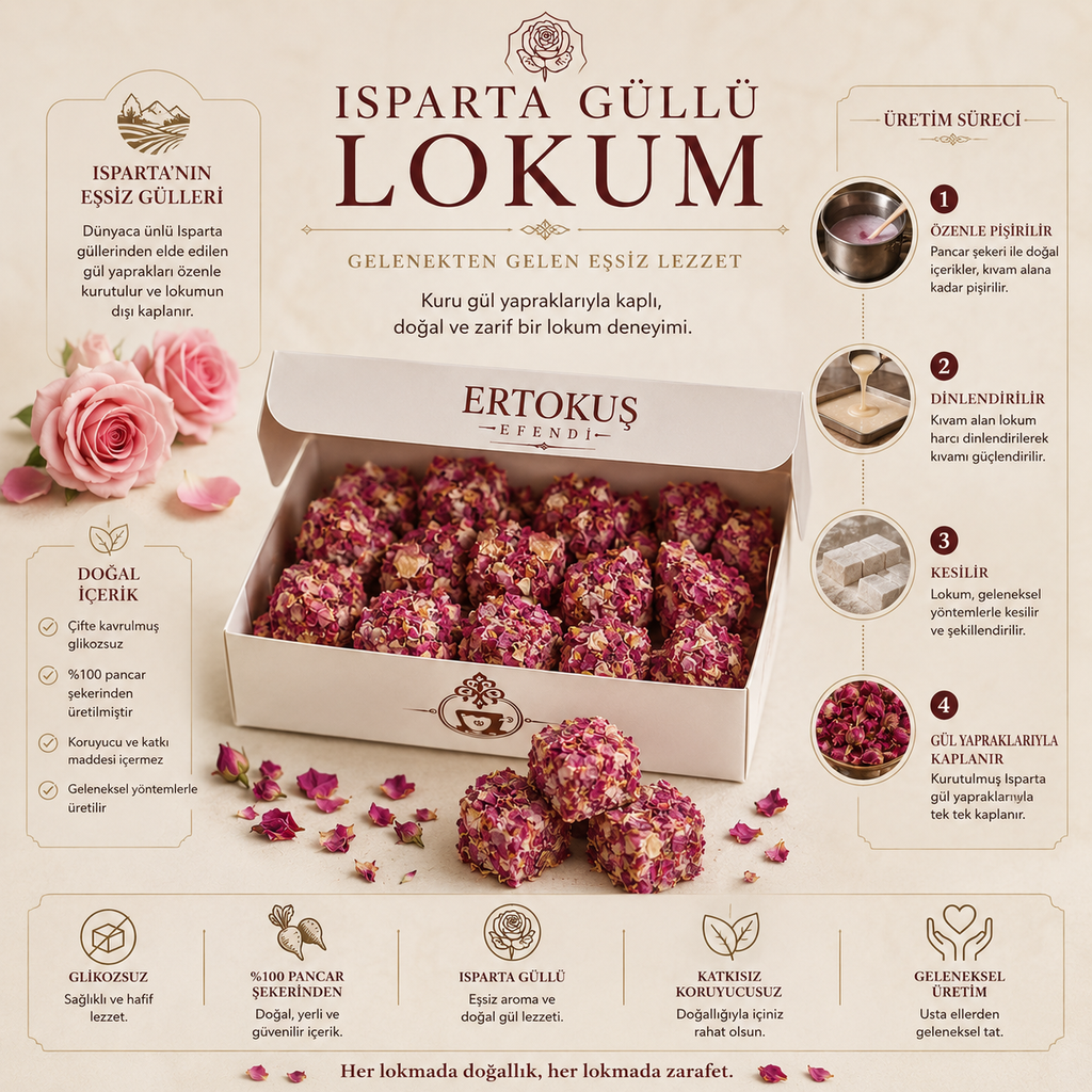 Isparta Kuru Gül Yapraklı Lokum 250gr | Çifte Kavrulmuş | %100 Pancar Şekeri