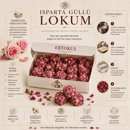 Isparta Kuru Gül Yapraklı Lokum 250gr | Çifte Kavrulmuş | %100 Pancar Şekeri