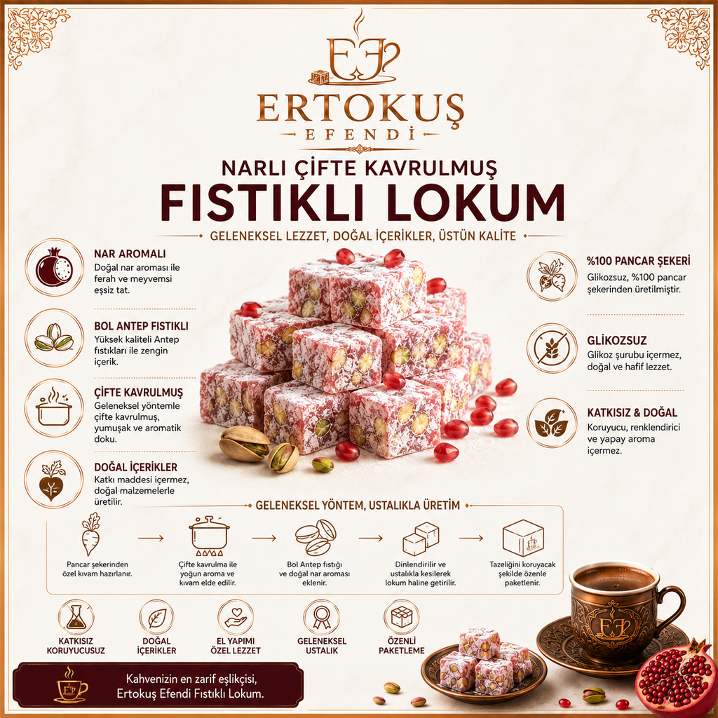 Narlı Duble Antep Fıstıklı Lokum 250gr | Çifte Kavrulmuş | %100 Pancar Şekeri
