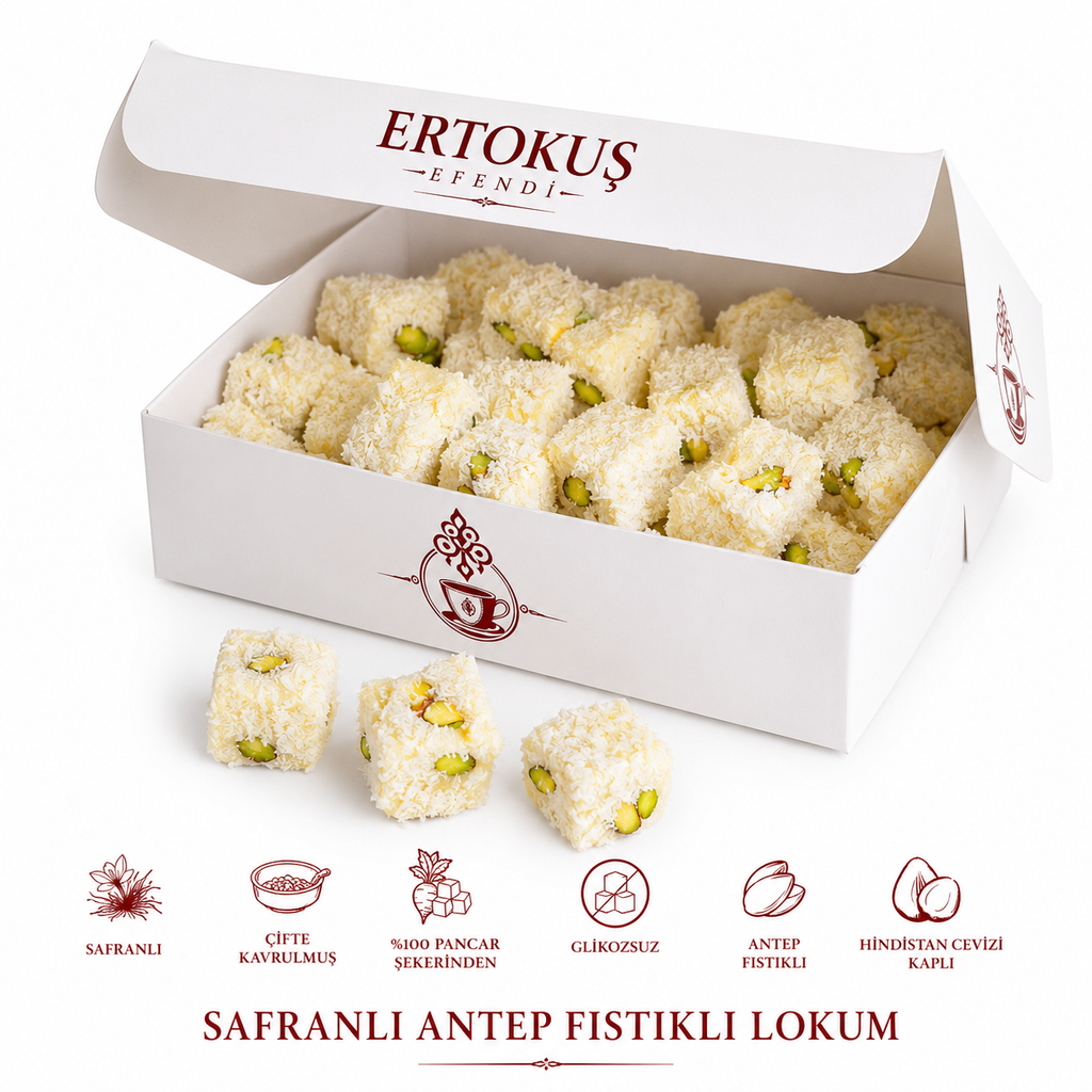 Safranlı Duble Antep Fıstıklı Lokum 250gr | Çifte Kavrulmuş | %100 Pancar Şekeri