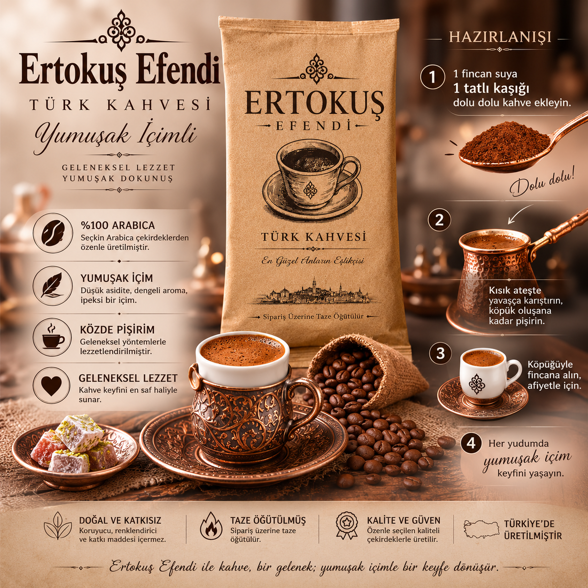 Yumuşak İçimli Türk kahvesi 100 Gr | Az Kavrulmuş ve Taş Değirmende Öğütülmüş