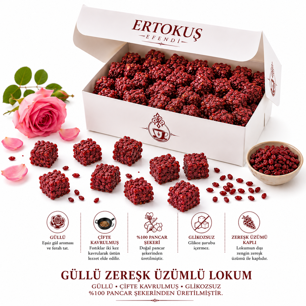 Zereşk Üzüm Kaplı Güllü Lokum 250gr | Çifte Kavrulmuş | %100 Pancar Şekeri